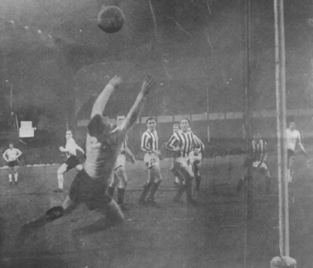 1046 23.11.64 Pickering v Kilmarnock (H) FAIRS CUP  Forsyth is left clutching at air as Fred ...webp