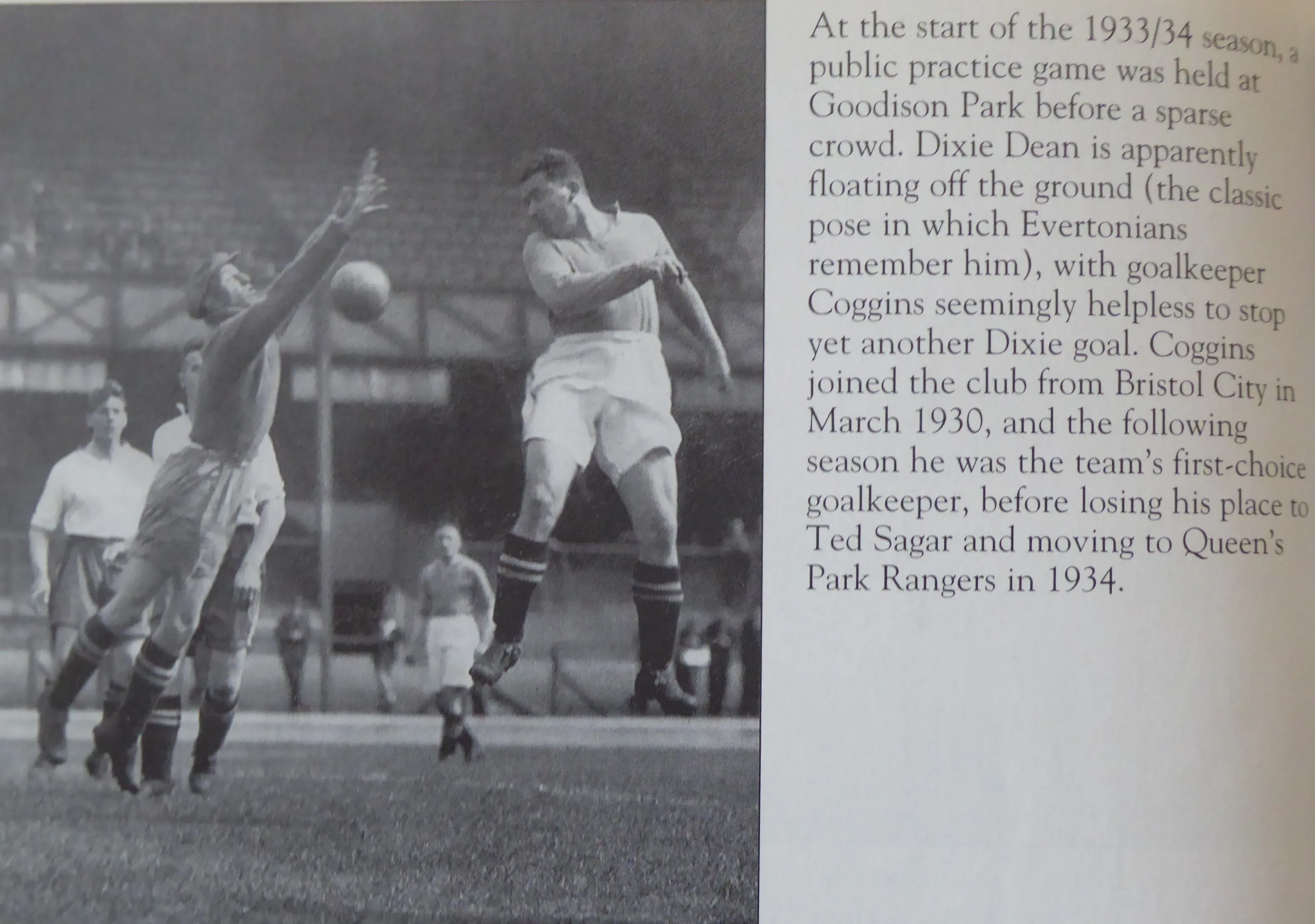 171a 16.08.33 Dean v Whites (H) PUBLIC PRACTICE MATCH Dixie Dean heads home past Villy Coggin...webp