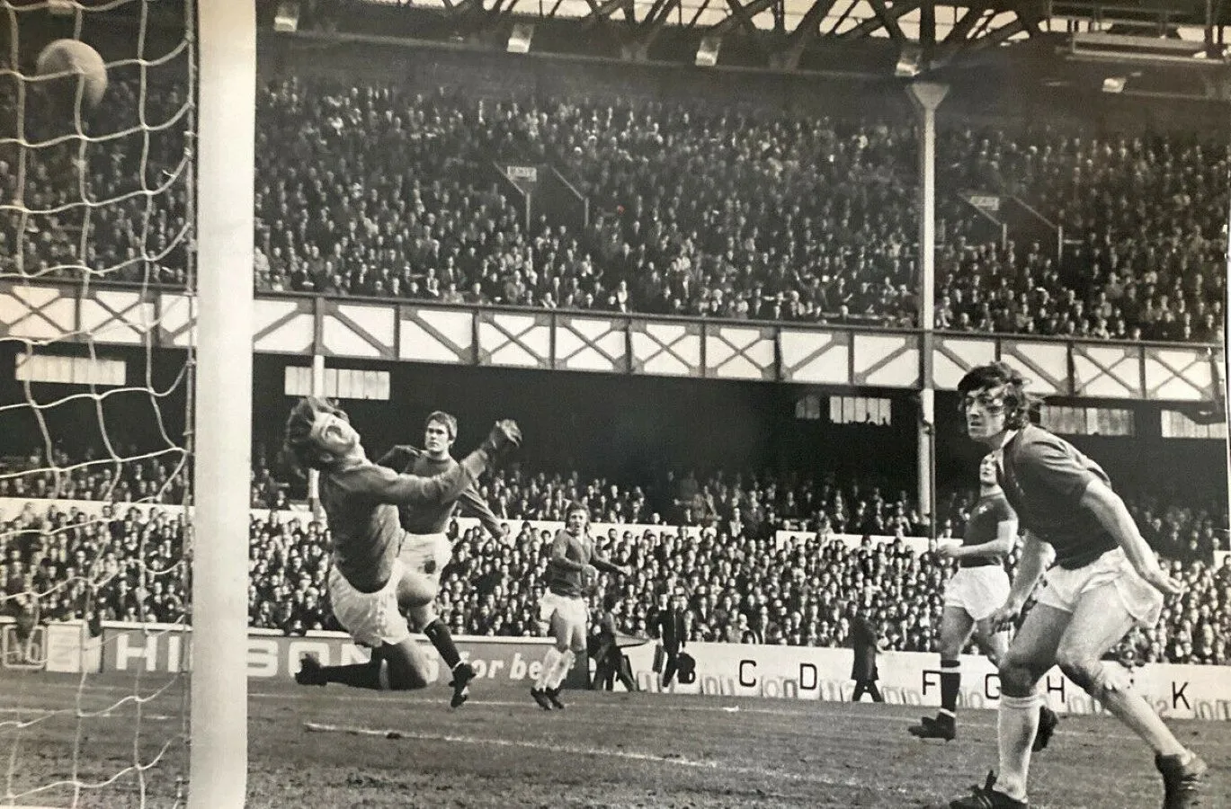 1983 23.03.74 Bernard v Chelsea (H) SECOND IN SEQUENCE  - Mick Bernard watches as his shot be...webp