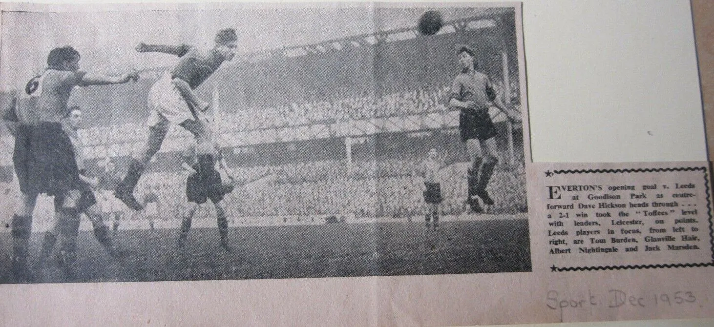 28.11.53 Hickson v Leeds (H) Dave Hickson meets a free kick from Eglington to head the Blues ...webp