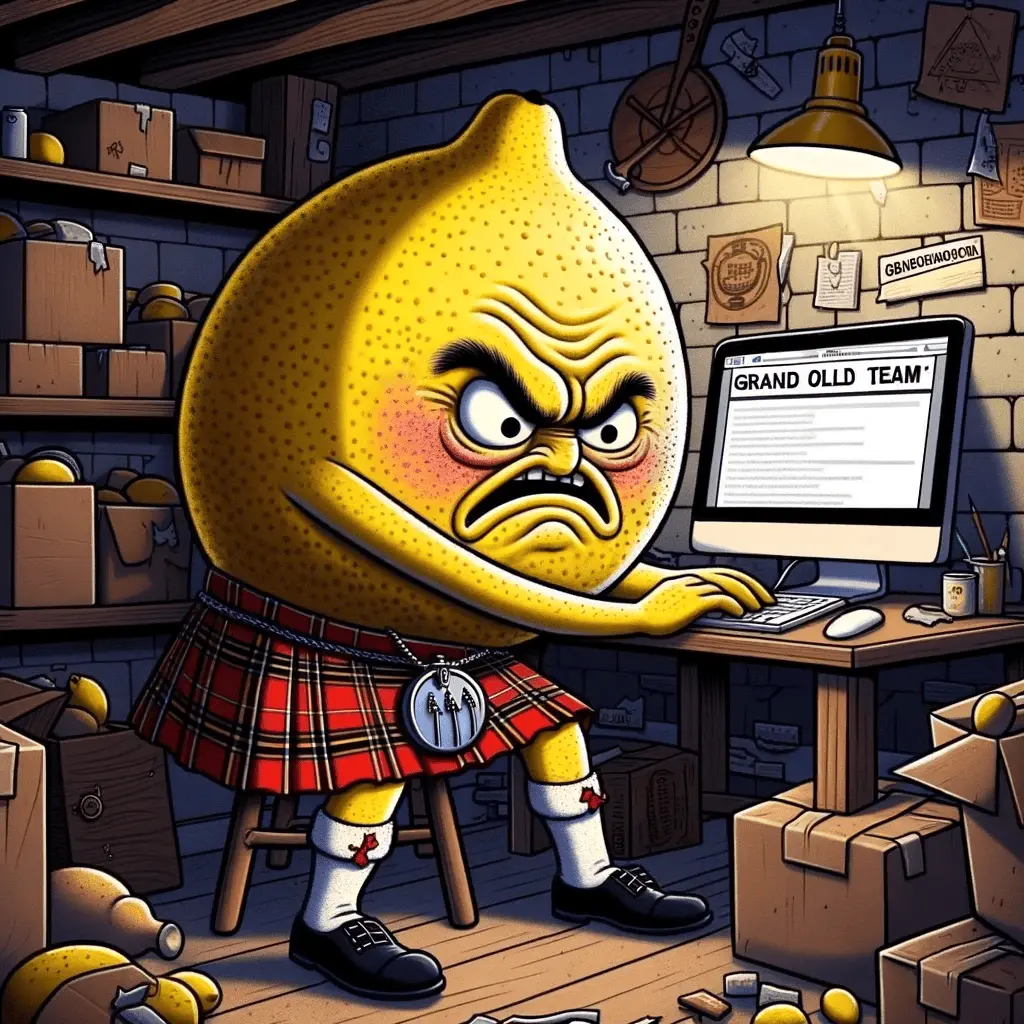 DALL·E 2023-10-18 22.52.41 - Cartoon_ A disgruntled lemon, donned in a Scottish kilt, in a cl...webp