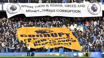 Everton fans protest against the ten-point deduction by the Premier League for breaking financial rules