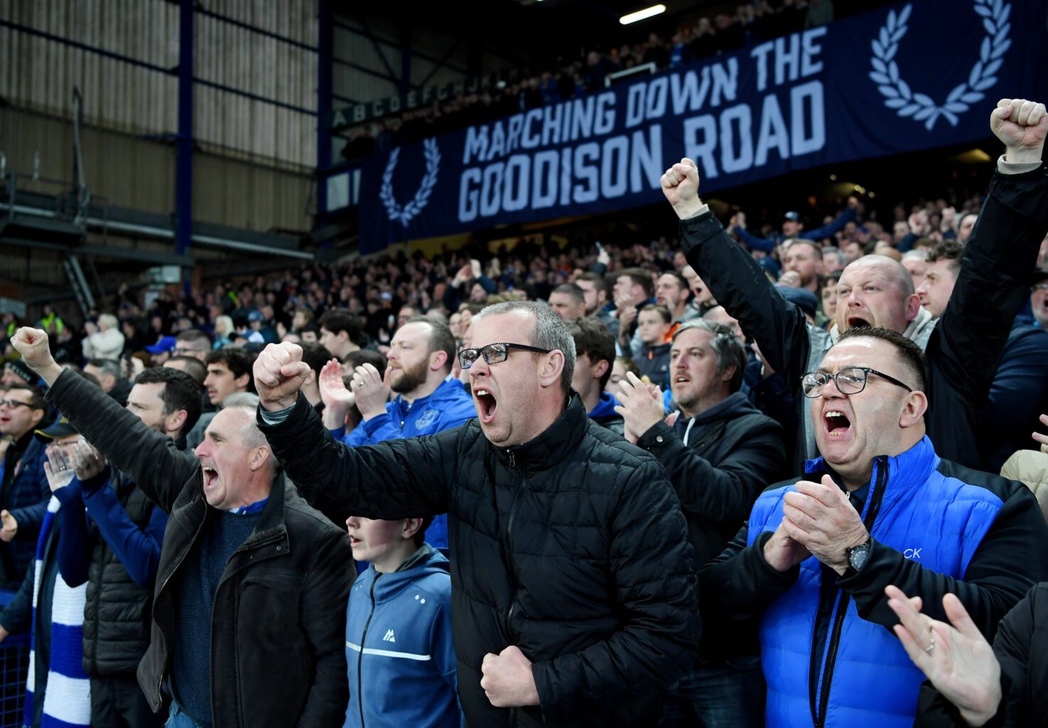 Everton banners at Goodison Park with The Goodison Gang