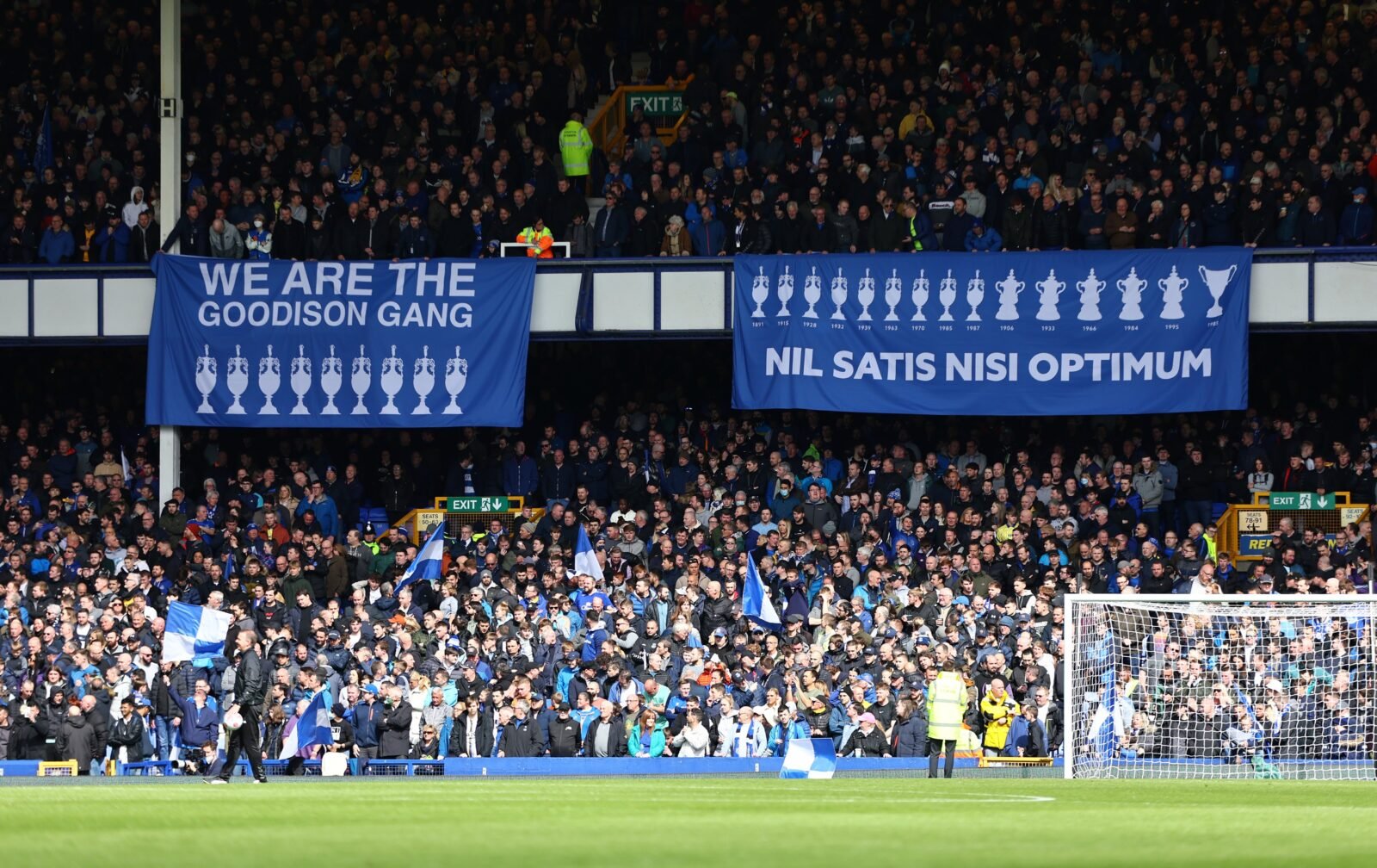 Everton banners at Goodison Park with The Goodison Gang